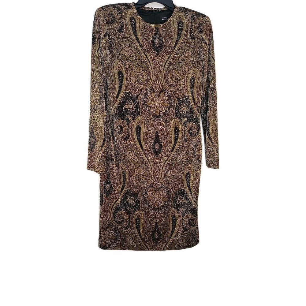 VTG LINDA ALLARD ELLEN TRACY 8 Dress Paisley Brown & Gold Lined Lightweight
